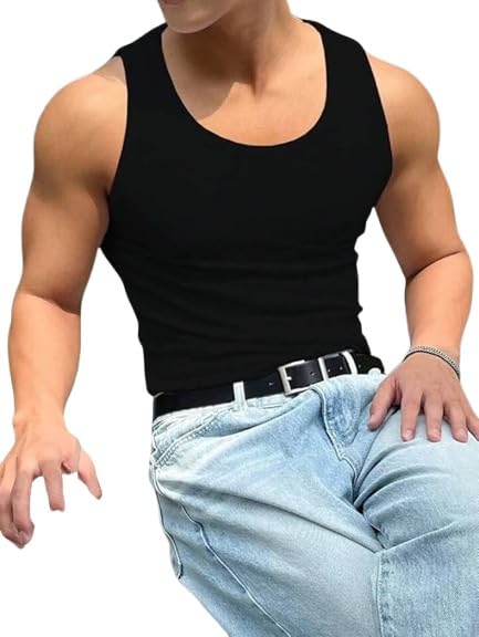 Image of Men's Cotton Ribbed Regular Fit Solid Round Neck Vest | Anti Bacterial Finish, Racer Back Baniyan for Man, Comfort Man's Inner,Sando