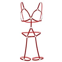 SweetFlirt Women's Elastic Open Strap Low Waist Plus Size Adjustable Bondage Lingerie Set Harness Lingerie (3XL, Bust-40 Waist-38, RED)