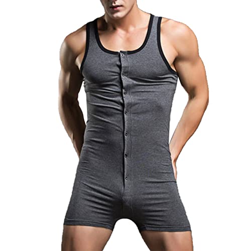 Men's One Piece Tank Top Sleeveless Henley Jumpsuit Pajama Boxer Romper Underwear Sleepwear