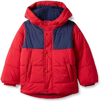 Amazon Essentials Chaqueta Gruesa y Acolchada con Capucha Niño, Azul Marino Rojo Bloque de Color, 10 años
