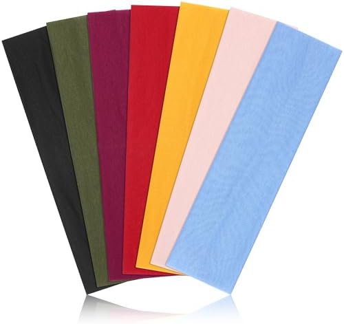 Headbands for Women, Stretchy Non Slip Soft Cotton Cloth Hair Bands for Sports, Workout, Yoga and Running, 7pcs (Black, Military Green, Burgundy, Bright red, Orange, Flesh)