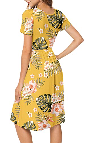 Image of DB MOON Women Summer Casual Short Sleeve Dresses Empire Waist Dress with Pockets (Yellow Floral, L)