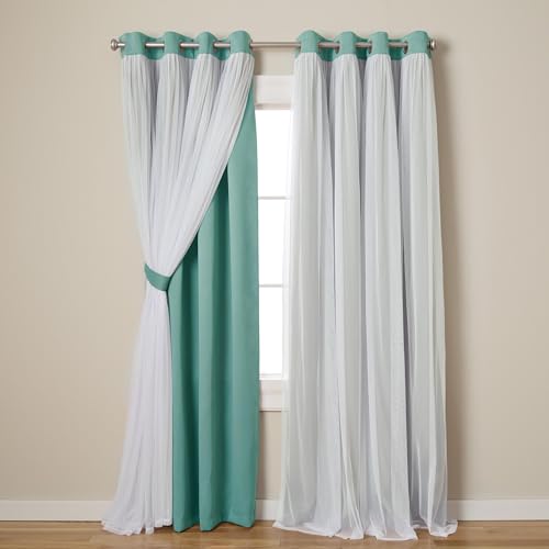 Image of TOWN & COUNTRY LUXE Talia Double Layer Indoor Curtains, Sheer and Room Darkening Blackout, Grommet Top, Energy Efficient, 2-Pack Set, 52 inchx96 inch, Turquoise