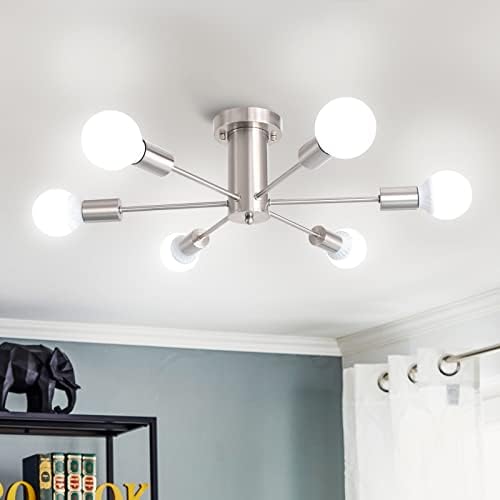KOSTOMO 6 Lights Nickel Ceiling Light Fixture Mid-Century Sputnik Chandeliers Modern Flush Mount Lights for Kitchen Bedroom Lobby Hallway Dining Room Lighting(Nickel-6Lights)