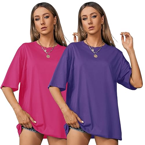 Image of London Hills Women's Cotton Loose Casual Round Neck Solid, Drop Shoulder T-Shirt Pack of 2