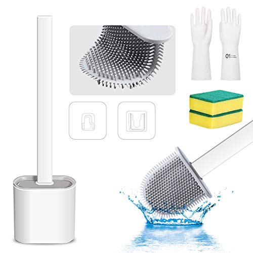 Silicone Toilet Bowl Wand Cleaner Brush and Holder Set Wall Mounted Bathroom Scrubber Brushes, Deep Cleaning Non-Slip Long Plastic Handle Bendable Brush Head Clean Toilet Corner Easily (White1)