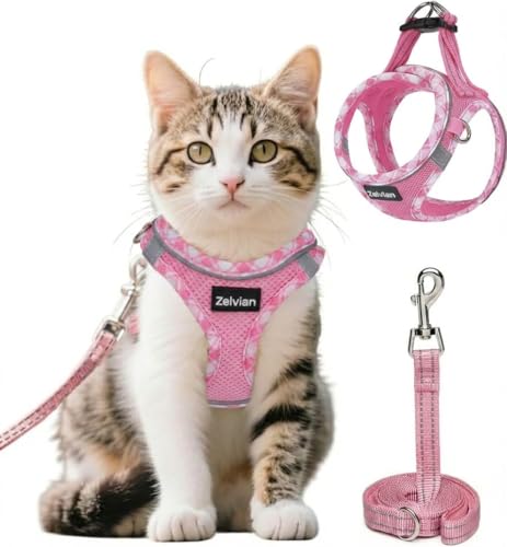Zelvian Cat Harness and Leash Set for Walking, Escape Proof Adjustable Soft Mesh Kitten Harness with Reflective Strips, Breathable No-Choke Pet Vest for Small Cats or Puppies(Pink,XXS)