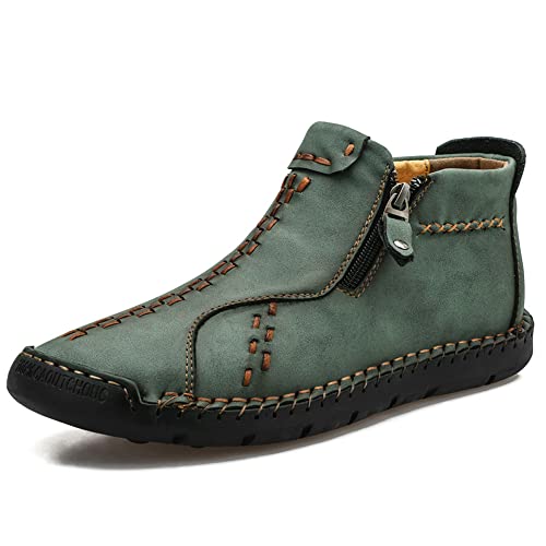 CusGifta Zapatos casuales de cuero para hombre, mocasines Oxford sin cordones, botas de tobillo, costuras a mano, cremallera lateral, zapatos para caminar y senderismo para hombres, Green, 42 1/3 EU Cover