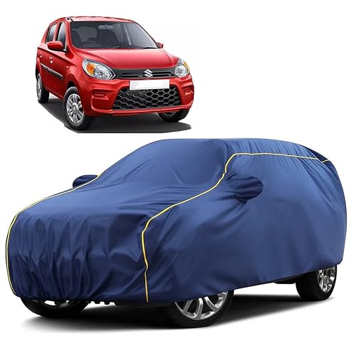 Image of Sulfar 100% Water Resistant Car Body Cover Compatible with Mirror for Maruti Suzuki Alto (Triple Stitched, Full Bottom Elastic, Blue Taffeta with Yellow Piping)