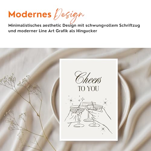 Stella & Soul Postkarte mit Umschlag Cheers to you Glückwunsch zum Geburtstag, Abschluss, für Freundin, Familie mit Cocktail Line Art zum Anstoßen