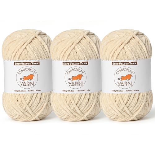 Image of 3 Pack Beige Fluffy Velvet Yarn for Crocheting, Chunky Chenille Baby Blanket Yarn for Crocheting, Soft Fuzzy Puzzle Yarn for Knitting, (100g /3.53oz Each) Bulky Thick Amigurumi Crochet Yarns