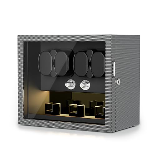 TWIXSTAR 4 Slots Uhrenwinder mit 3 Zusätzlichen Speichern, Schlüsselschloss Uhrenwinder für Automatische Uhren mit Leiser Motor,4 Rotationsmodi, LED-Licht und Typ-C-Adapter,Geschenk für Uhrenliebhaber