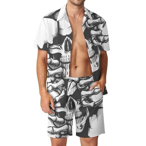 Chemise Hawaïenne Crâne Noir Et Blanc Ensemble Pantalon Short Plage Vêtement Été S