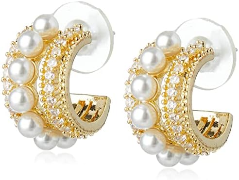Mitya 14K Gold Silver Hoop Hypoallergenic Cultured Pearl Earrings Set for Women Girls Plated 925 Sterling Silver Post Lightweight Hoops Jewelry