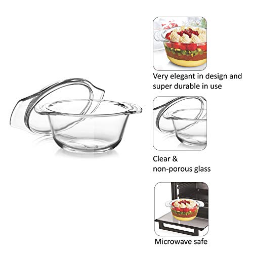 Image of CELLO Angelica Round Casserole Serving Glass Bowl with Lid for Kitchen 2000 ml, Clear | Microwave & Oven Safe, Dishwasher & Fridge Safe Leadfree Toughened Glass Roti Casserole Hot Pot Box for Mixing