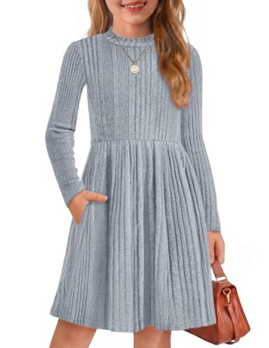 Image of Arshiner Girls Dresses Long Sleeve A Line Knit Sweater Dress with Pockets