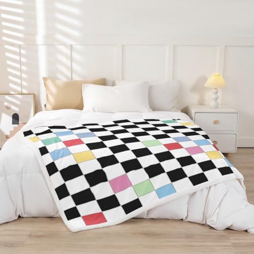Image of Erosebridal Black White Checkered Kids Fleece Bed Blanket 40 inchX50 inch Colorful Checkerboard Grid Throw Blanket Funky Plaid Sherpa Blanket for Boys Girls Groovy Gingham Fuzzy Blanket for Couch