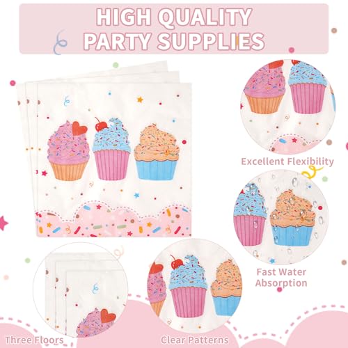 Grencian 96Pcs Pink Cupcake Party Plates 96Pcs Disposable Cupcake Birthday Tableware Set For 96Pcs Cupcake Theme Party Kids Girls Cupcake Theme Happy Birthday Party Baby Shower Wedding thumb #2