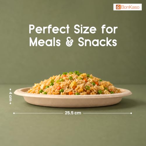 Image of Bonkaso 10 Inch, Pack of 50 Bagasse Disposable Round Plates (Beige)| Eco-Friendly Sugarcane Paper Plates | Biodegradable, Compostable & Sturdy | Ideal for Snacks, Desserts, Parties, Weddings & Events