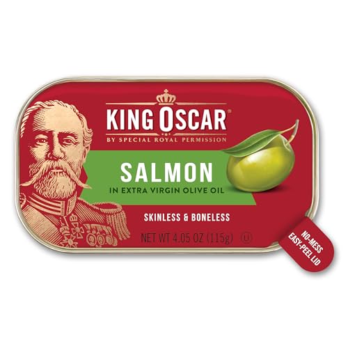 King Oscar Premium Salmon in Olive Oil, Mediterranean Style, 4.05-Ounce Cans (Pack of 12, Packaging May Vary), Skinless & Boneless Salmon