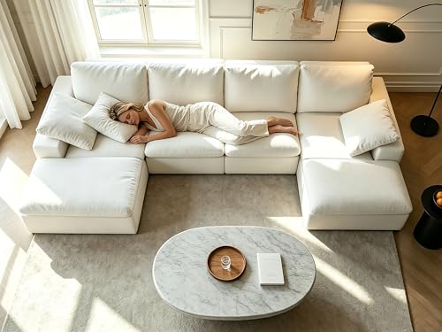 Image of 140 inch Cloud Sectional Couches for Living Room, Boneless U Shaped Couch | Convertible L Shaped Sofa Bed with Ottoman, No Assembly, 6 Seater Modular Sectional Sofa, Warm White