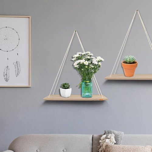 Image of Set of 2 Hanging Rope Shelf with Adhesive Wall Hook for Wall Decor - Rustic Wood Floating Shelves for Bedroom, Living Room, Kitchen - Boho Swing Plant Holder with Natural Jute Rope