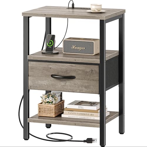 SUPERJARE Nightstand with Charging Station, Bed Side Table with Adjustable Fabric Drawer, Night Stand for Bedroom, 3-Tier Storage End Table, for Living Room, Oak