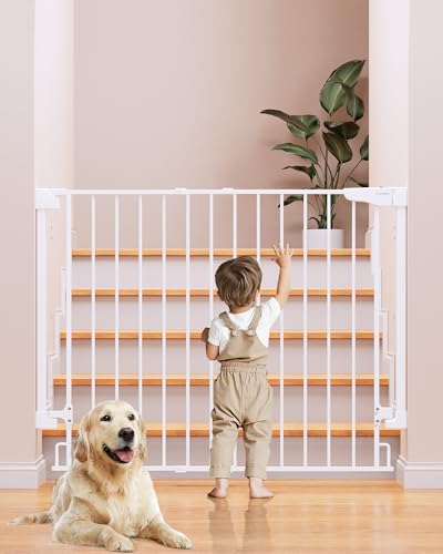 Image of Cumbor 34" Extra Tall No Bottom Bar Baby Gate for Stairs, Wall Mounted Dog Gate Indoor for Larger Pets, Expandable 29.2-43" Safety Gate for Doorways, Wide Walk Thru Door for Easy Access (White)