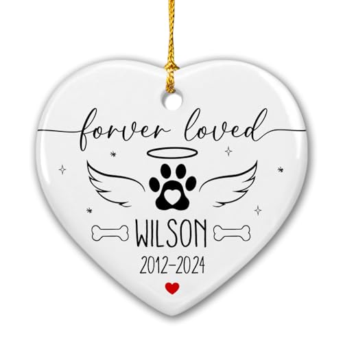Forever Loved Pet Memorial Ornament Personalized with Name and Date, Dog Paw Angel Wings Christmas Ceramic Ornaments, Custom Name Pet Remembrance Ornament for Dog Lover, Christmas Tree Decorations