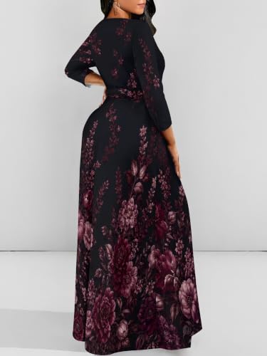 Image of PinkPatty Women's Plus Size V Neck 3 /4 Sleeve Wrap Maxi Dress with Belt | Boho wrap maxi dress with tie belt for vacations, weddings, church, parties, dinners, travel, and everyday wear