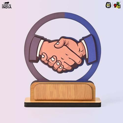Image of GKD Wooden Handshake Memento Trophy | DIY Customizable Partnership Award for Corporate Gifts, Dealer Meets & Business Achievements | Office Desk Decor | Add Your Own Sticker or Text (Handshake)