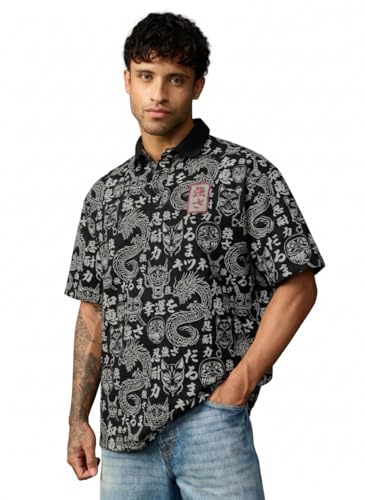 Polo Kanji noir pour homme en coton imprimé à col ouvert décontracté