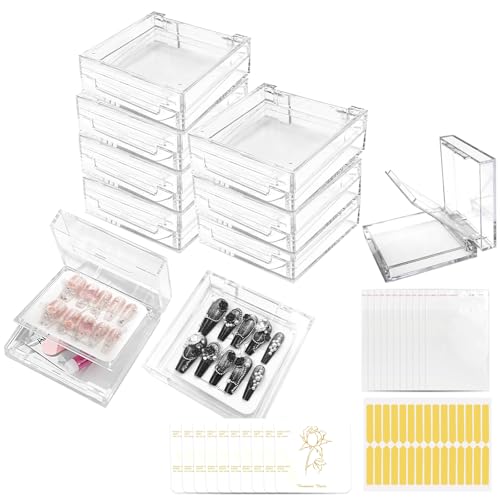Daily Treasures 60pcs Press On Nails Packaging Set,10 Double Layer Nail Storage Box & 30 Upgraded Double Sided Tape &10 Self-adhesive Bags & 10 Cards,Transparent False Nail Display for Nail Business
