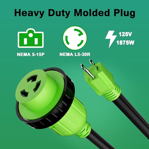 RV Adapter Plug 30 Amp to 15 Amp 110 Volt Cord with Locking Connector, 15A Male to 30A Female Dogbone RV Trailer Camper, NEMA 5-15P to L5-30R, STW, 10AWG, Heavy Duty Electrical Power, 12in, 1ft, Green