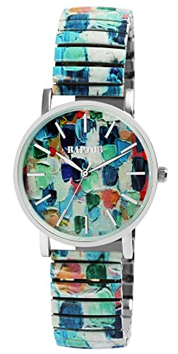 Raptor Colorful Edition Damen-Uhr Zugband Edelstahl Motiv Bunt Print Analog Quarz (hellblau/dunkelblau)