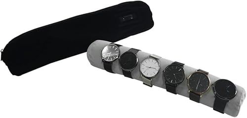 Miniatura 9 de Bolsa de viaje para reloj de pulsera, organizador de joyas, bolsa portátil de terciopelo negro y gris con inserto de rollo extraíble para tamaño