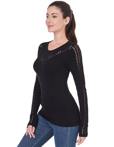 AmélieBoutik Women Crew Neck Eyelet Trim Long Sleeve Knit Top Sweater