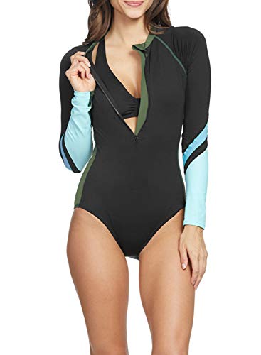 Evaless – Maiô feminino com zíper frontal estampado e manga comprida, Green-2050, XX-Large