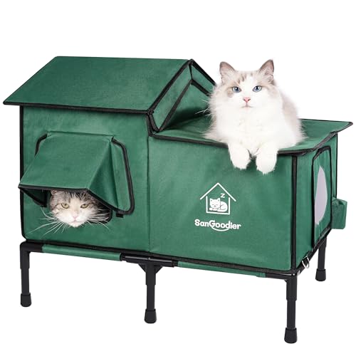 Sangoodier Outdoor Cat House Weatherproof, Clawsable Cat Houses with Insulation Layer, Foldable Cats Shelter, Large Cave Bed for Pets Up to 55lbs for Garden, Patio, or Backyard (Green-L)