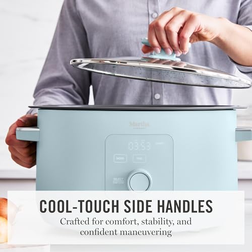 Martha Stewart 8 QT Slow Cooker, Programmable with Timer, 3 Heat Settings (Low, High, Warm), Nonstick Ceramic Removable Crock, Stovetop & Oven Safe, Glass Lid, Simmer, Reheat, Warm, Sky by Martha Stewart - Used condition - Image 3