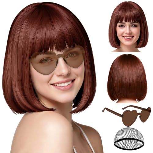 PLULON Brown Short Bob Wig with Bangs for Women Colorful Neon Short Bob Synthetic Hair Wigs with Hair Cap Heart Sunglasses for Adults Men Daily Bachelorette Halloween Costume Party Supplies