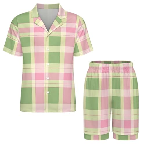 Green Pink Plaid Mens Pajamas Set Short Sleeve Sleepwear Summer Pjs Sets 2 Piece Loungewear Nightwear3