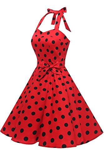 Topdress Women's Vintage Polka Audrey Dress 1950S Halter Retro Cocktail Dress Red/Black Dot M #TOP2