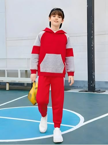 Image of 5-11Y Boys Clothes Long Sleeve Hooded Pullover Colorblock Sweatshirt + Pants 2pcs Fall Winter Outfit Set