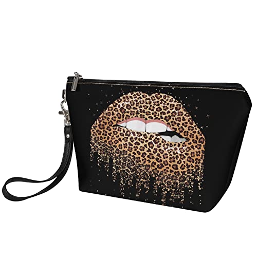 Poceacles Leopard Lip Print Toiletry Makeup Organizer Bag, Lightweight Travel Pu Leather Makeup Case With Wrist Strap, Girls Ladies Coin Purse #TOP2