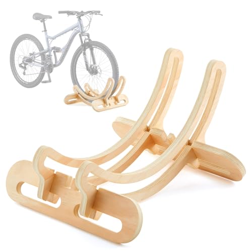 DoubleFill 1 Pack Wooden Stationary Bike Floor Stand Bicycle Indoor Storage 4 Adjustable Sizes Fit Commuter, Mountain, Road, Gravel Bikes Etc, Bike Wheel Wooden Display Stop Suitable for Home (Hollow)