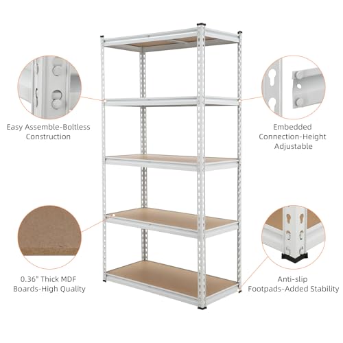 GarveeHome Garage Storage Shelves, 5-Tier Utility Shelves, Adjustable Storage Shelves, Industrial Shelving, Load 3860 Lbs Heavy Duty Storage Shelves for Garage Kitchen Basement Laundry Pantry,White