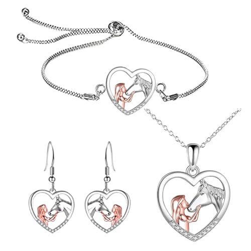 3 Stück Pferdmotiv Schmuckset Set für Mädchen,Herzanhänger Halskette,Armband & Ohrringe,Pferde Schmuck für junge Mädchen und Frauen,Eleganter Pferdeschmuck für junge Pferdeliebhaber für jeden Anlass 3 Stück Pferdmotiv Schmuckset Set für Mädchen,Herzanhänger Halskette,Armband & Ohrringe,Pferde Schmuck für junge Mädchen und Frauen,Eleganter Pferdeschmuck für junge Pferdeliebhaber für jeden Anlass