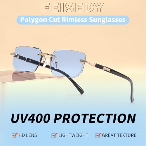 Image of FEISEDY Rimless Sunglasses Y2K Retro Small Narrow Clear Eyewear Vintage Rectangle Sunglasses for Women Men B2643