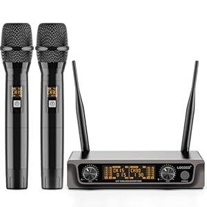 Metal Dual Wireless Microphone Systems: UHF Cordless Dynamic Karaoke Mic Handheld Set, Auto Connect – Long Transmission Range 200ft with Receiver for Home KTV, DJ Party, Church, Wedding, Speech.